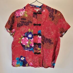 Clio Vintage 70s-80s Asian Print Blouse Dress Mandarin Collar Frog Buttons - L